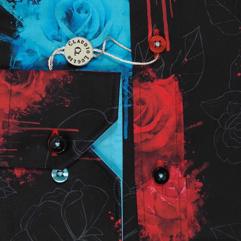 Claudio Lugli shirt in black with blue and red roses bright blue lining from Gabucci Bath
