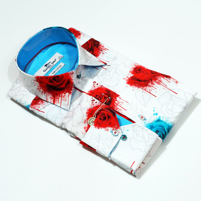 Claudio Lugli shirt in white with blue and red roses bright blue lining from Gabucci Bath