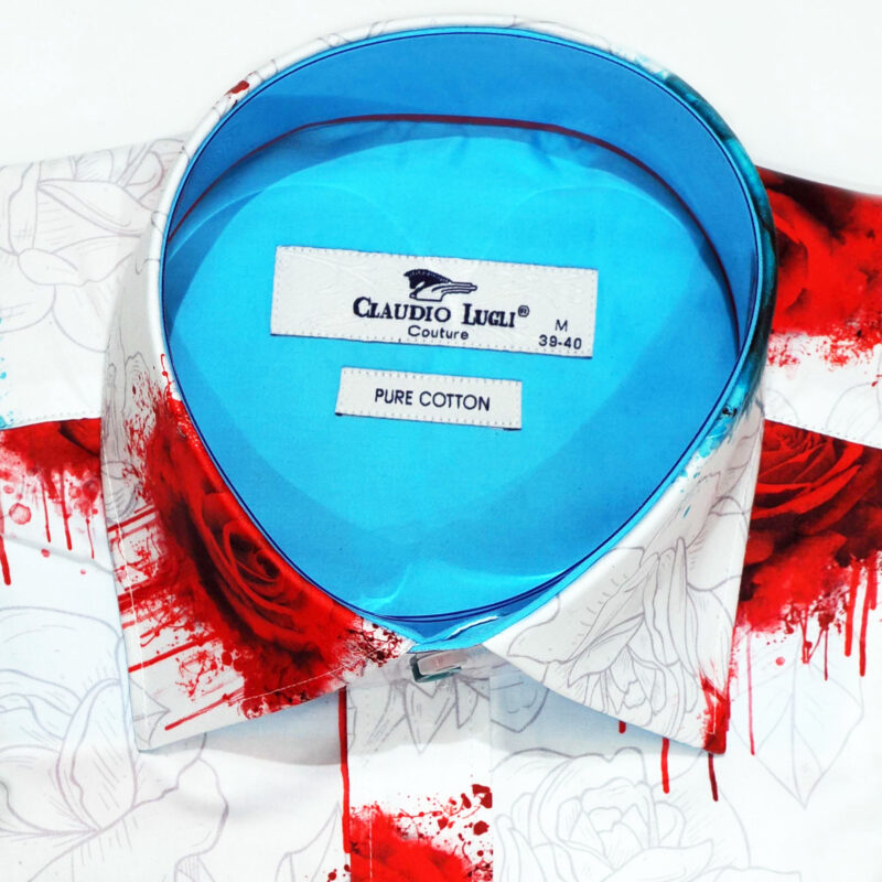 Claudio Lugli shirt in white with blue and red roses bright blue lining from Gabucci Bath