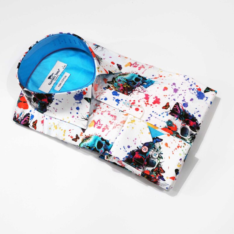 Claudio Lugli shirt in white with blue skull and butterflies bright blue lining from Gabucci Bath