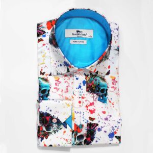 Claudio Lugli shirt in white with blue skull and butterflies bright blue lining from Gabucci Bath