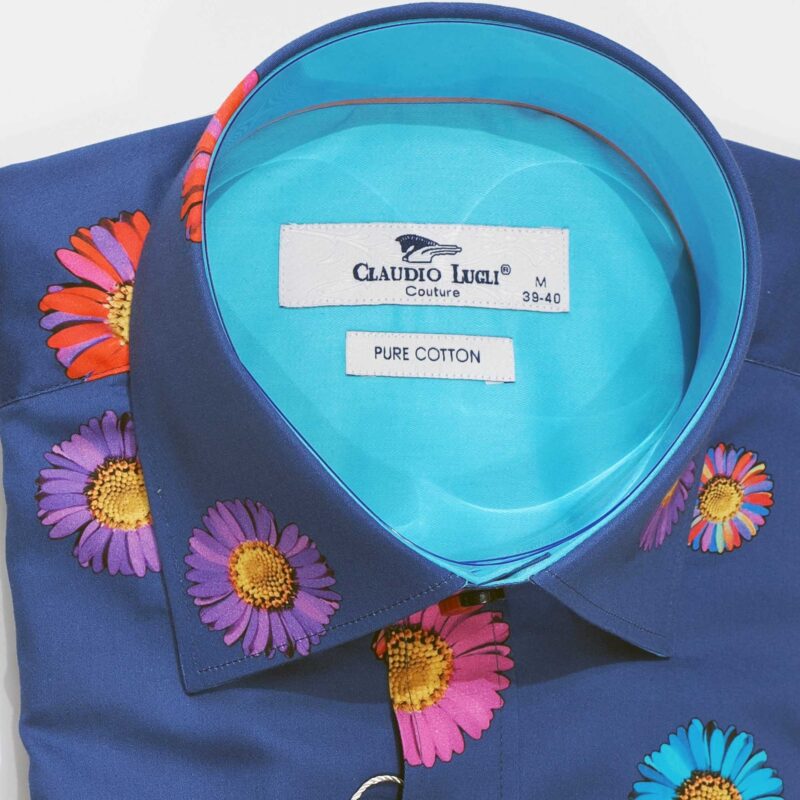 Claudio Lugli shirt in blue with blue orange purple poppies bright blue lining from Gabucci Bath
