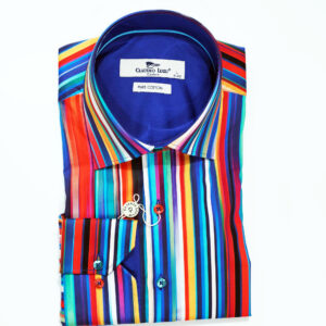 Claudio Lugli bright striped shirt in blue white yellow and red with a blue lining from Gabucci Bath