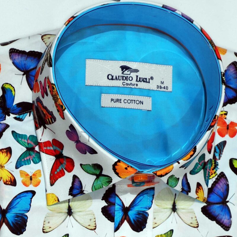 Claudio Lugli shirt in white with large butterflies bright blue lining from Gabucci Bath