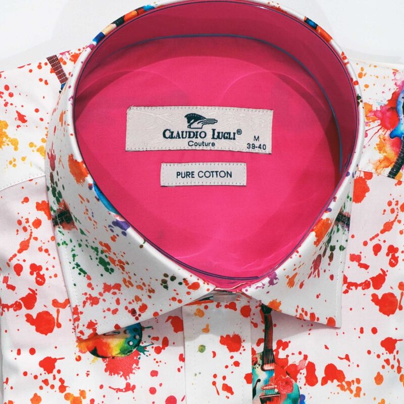 Claudio Lugli shirt in white with coloured guitars and bright pink lining from Gabucci Bath