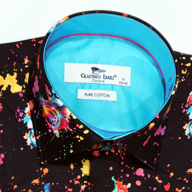 Claudio Lugli shirt in black with coloured guitars and bright blue lining from Gabucci Bath
