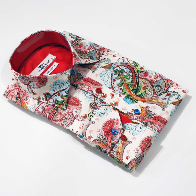 Claudio Lugli shirt in white with colourful organic fantasy design and a red lining from Gabucci Bath