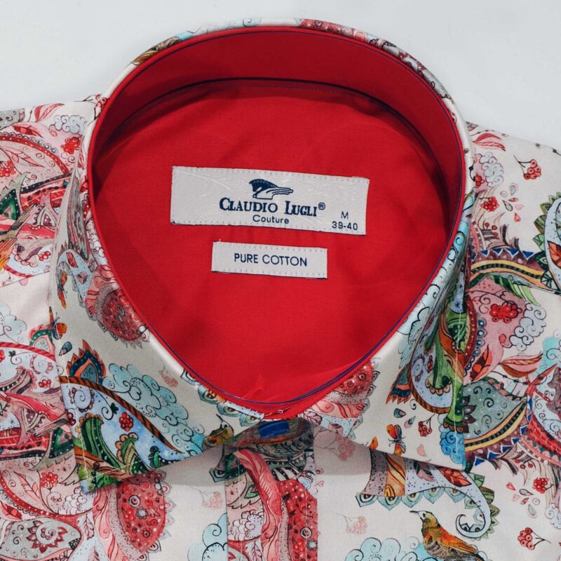 Claudio Lugli shirt in white with colourful organic fantasy design and a red lining from Gabucci Bath