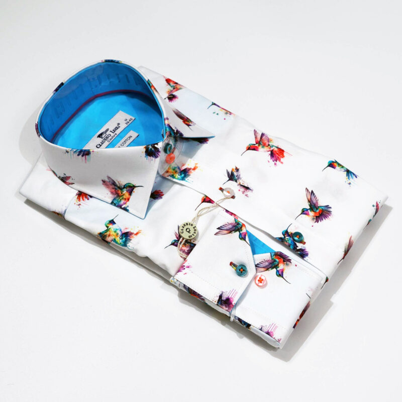 Claudio Lugli shirt in white with colourful humming birds and bright blue lining from Gabucci Bath