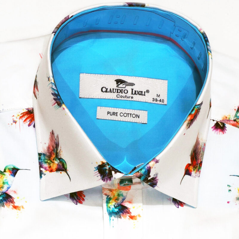Claudio Lugli shirt in white with colourful humming birds and bright blue lining from Gabucci Bath