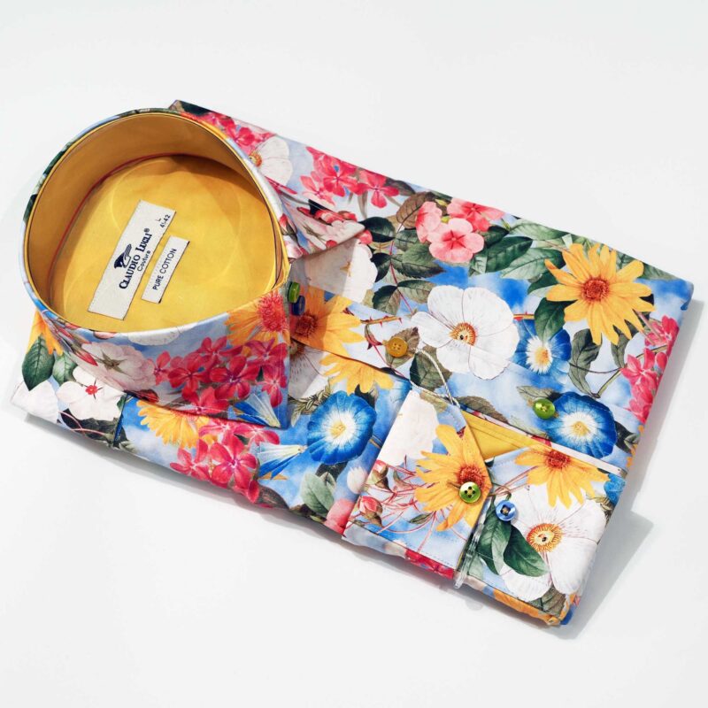 Claudio Lugli shirt in sky blue with large flowers and a gold lining from Gabucci Bath