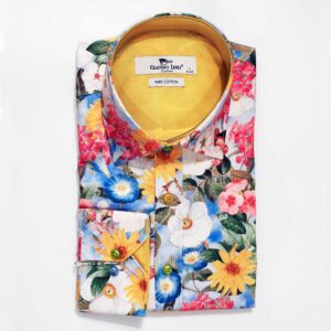 Claudio Lugli shirt in sky blue with large flowers and a gold lining from Gabucci Bath