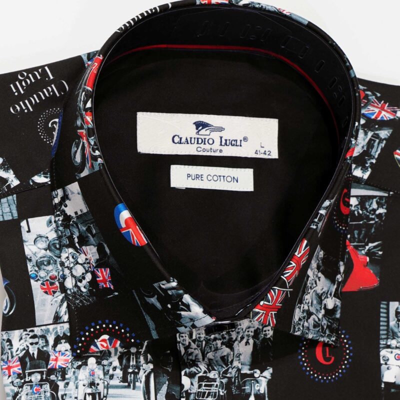 Claudio Lugli shirt in black with images of mod culture and a black lining from Gabucci Bath