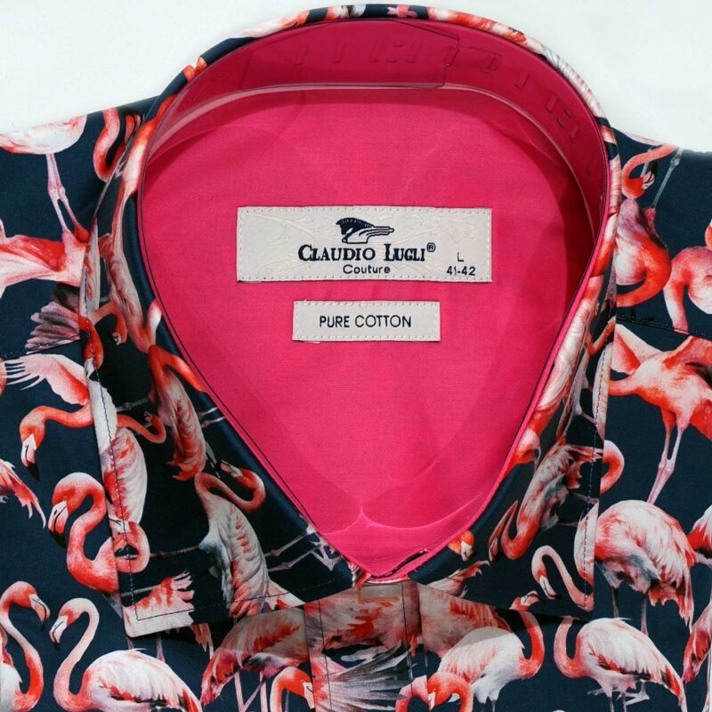 Claudio Lugli shirt in black with pink flamingos and a pink lining from Gabucci Bath