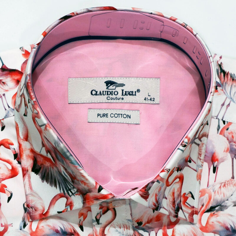 Claudio Lugli shirt in white with pink flamingos and a pink lining from Gabucci Bath