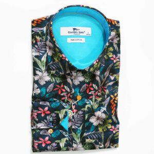 Claudio Lugli shirt in black with coloured flowers and bright blue lining