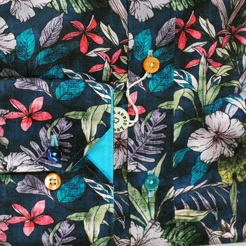 Claudio Lugli shirt in black with coloured flowers and bright blue lining