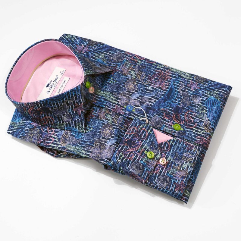 Claudio Lugli shirt in blue with blue orange green and brown sealife with pink lining from Gabucci Bath