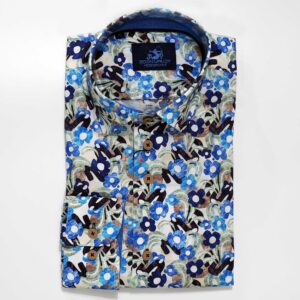 Eden Valley white shirt with big blue poppies and green leaves from Gabucci Bath