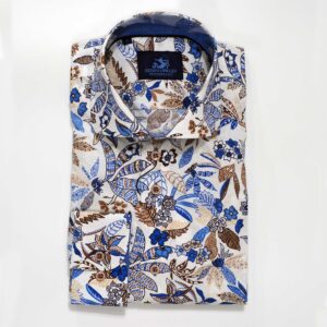 Eden Valley white shirt with big exotic brown and blue flowers from Gabucci Bath