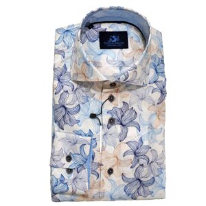 Eden Valley white shirt with large line drawings of blue flowers from Gabucci Bath