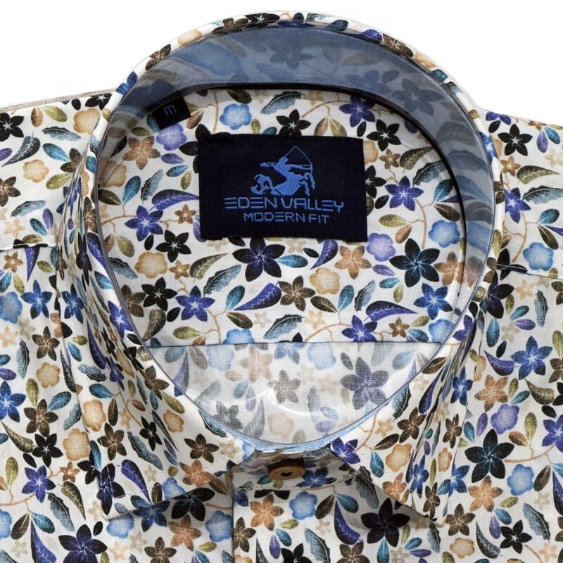 Eden Valley white shirt with small blue flowers and coloured foliage from Gabucci Bath
