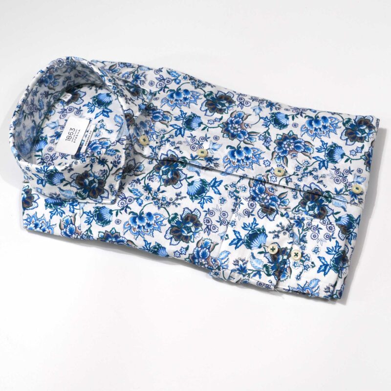 Eterna white shirt with large blue and brown flowers from Gabucci Bath.
