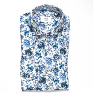 Eterna white shirt with large blue and brown flowers from Gabucci Bath.