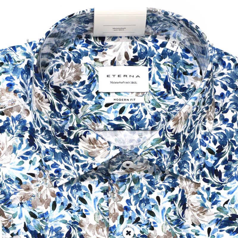 Eterna white shirt with large blue, green and brown foliage