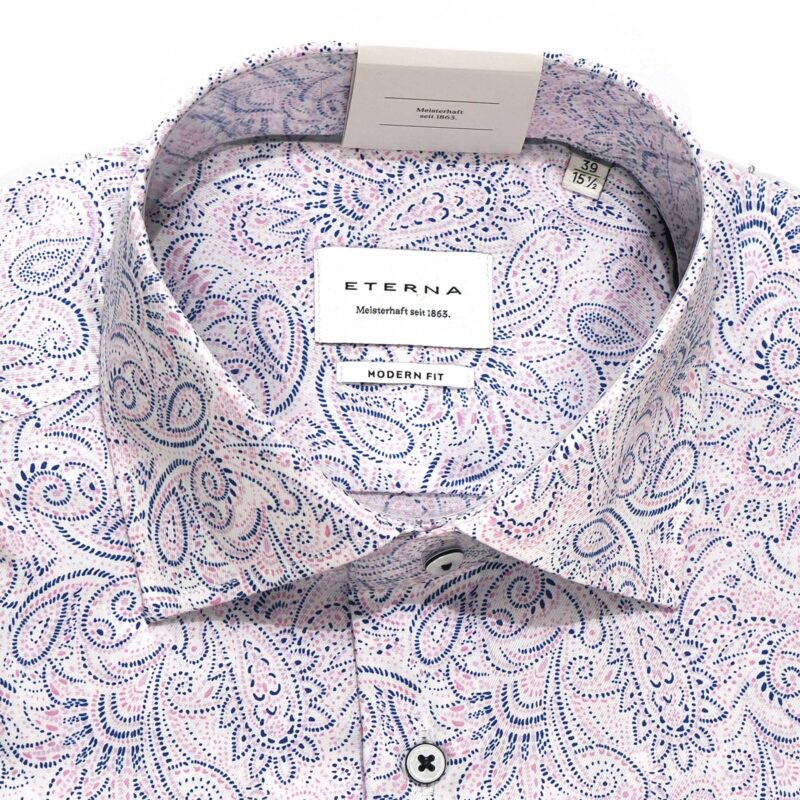 Eterna white shirt with blue and lilac flower design from Gabucci Bath.