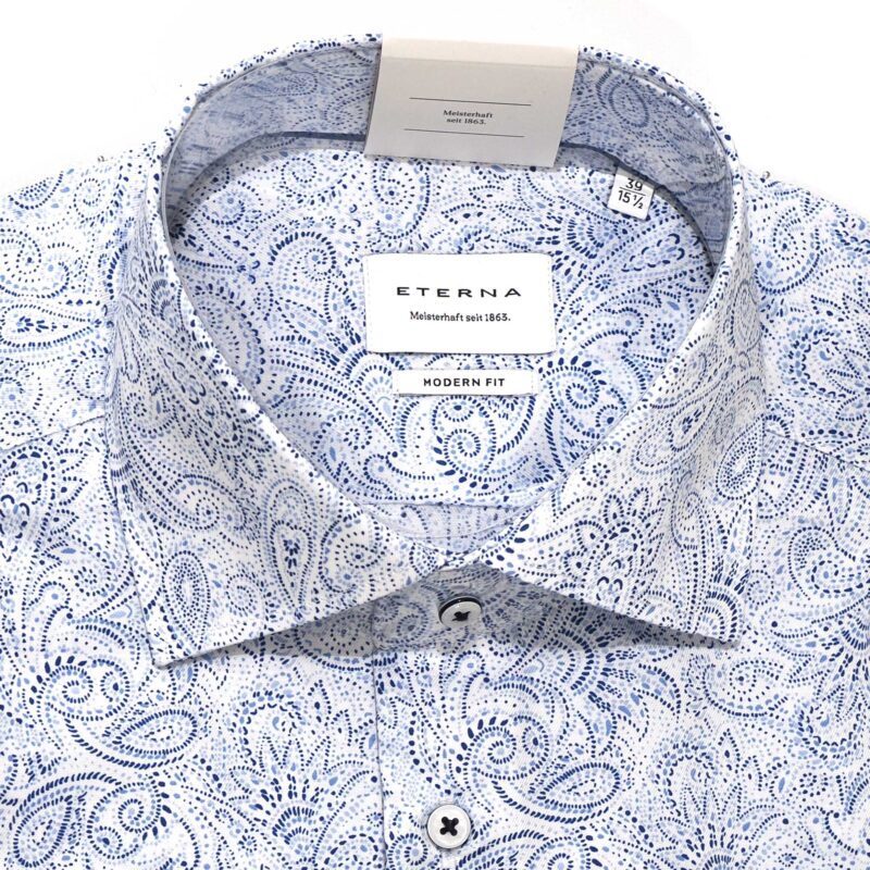 Eterna white shirt with blue and white flower design from Gabucci Bath.