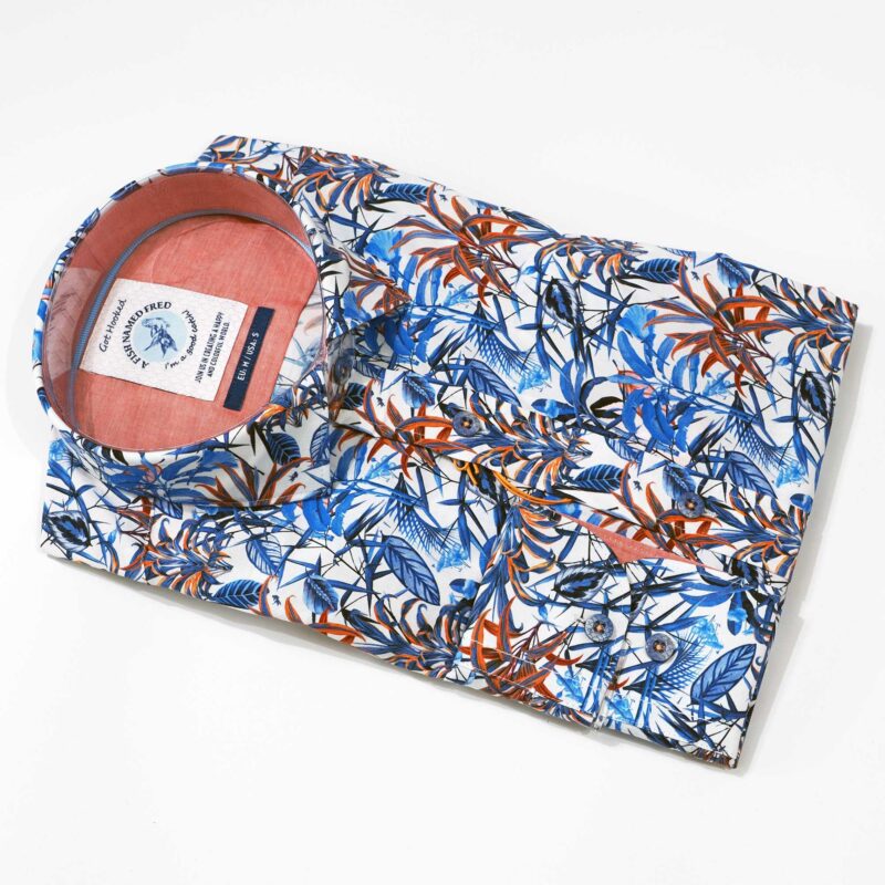A Fish Called Fred shirt with orange and blue leaves from Gabucci Bath