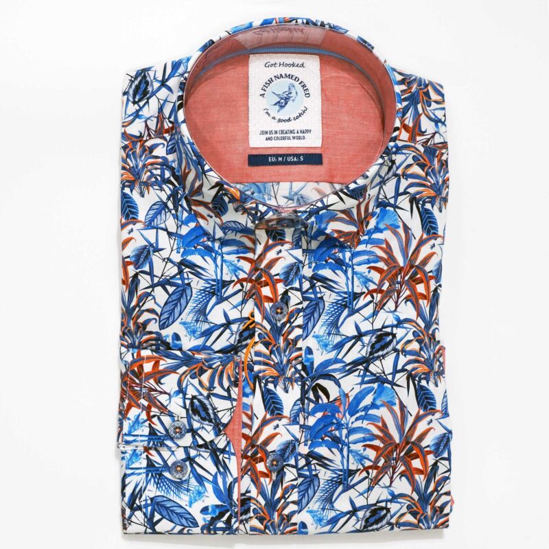 A Fish Called Fred shirt with orange and blue leaves from Gabucci Bath