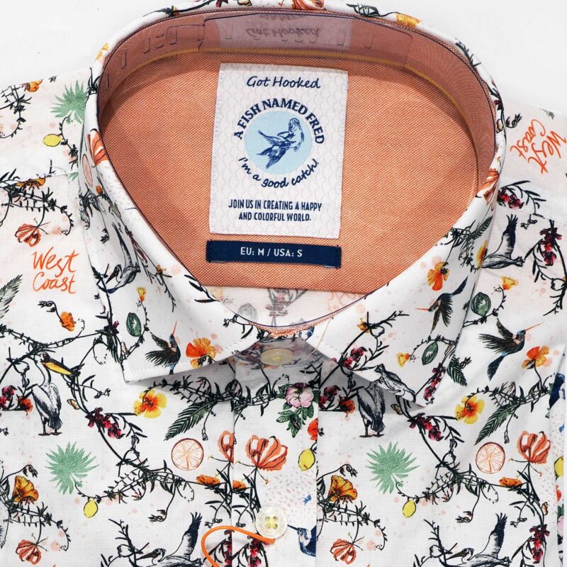 A Fish Named Fred white shirt with large birds and foliage from Gabucci Bath