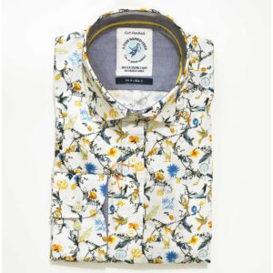 A Fish Named Fred white shirt with large yellow birds and foliage, from Gabucci Bath