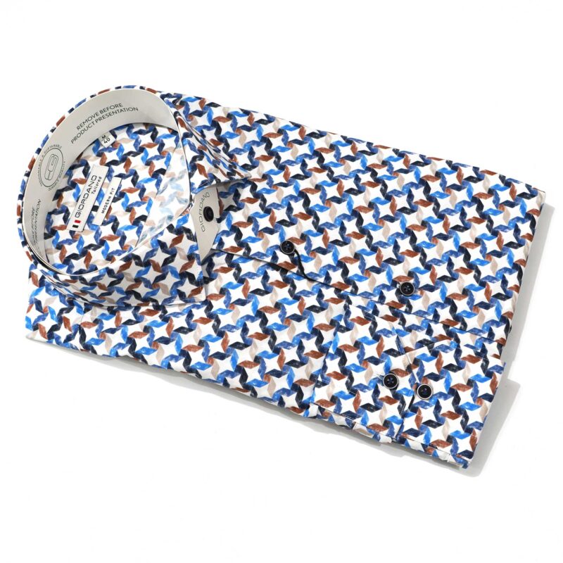 Giordano shirt with blue and brown geometric design on white from Gabucci Bath.