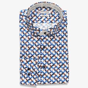 Giordano shirt with blue and brown geometric design on white from Gabucci Bath.