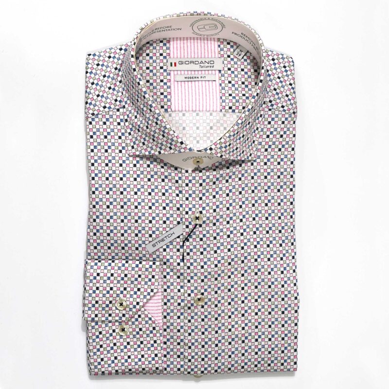 Giordano shirt with tiny pink green and blue squares with pink lining from Gabucci Bath.