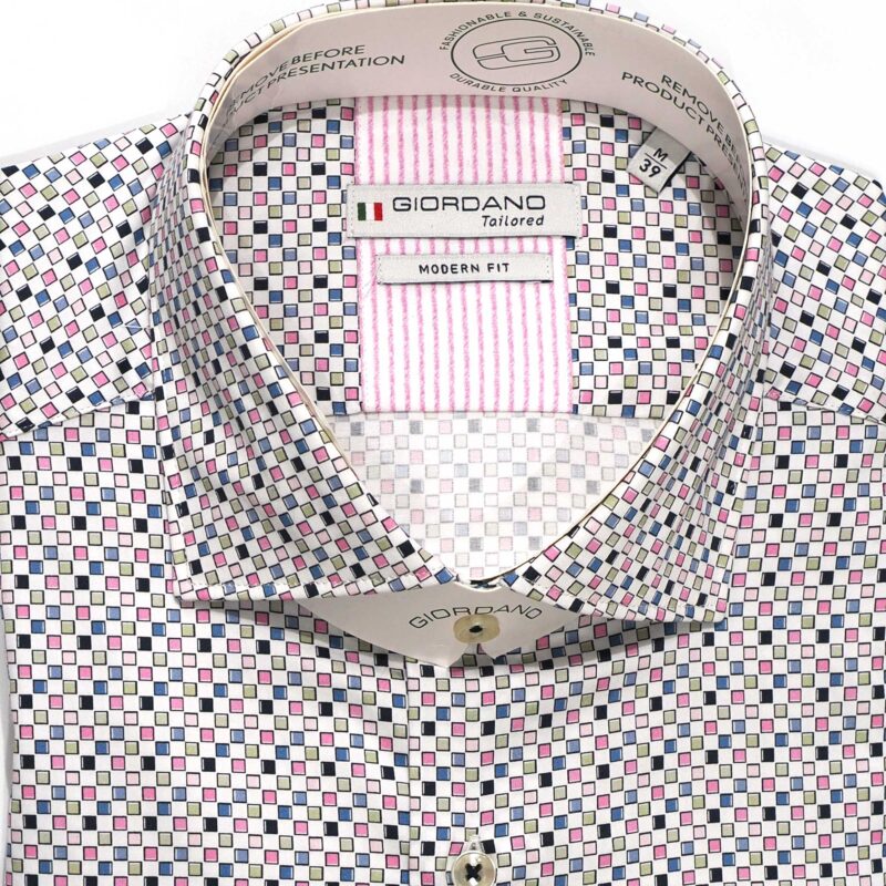 Giordano shirt with tiny pink green and blue squares with pink lining from Gabucci Bath.