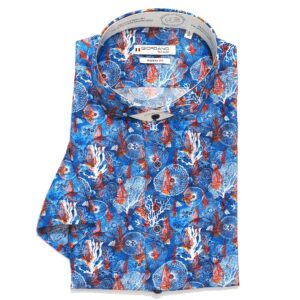Giordano blue short sleeved shirt with red ships sailing over huge white jellyfish from Gabucci Bath.
