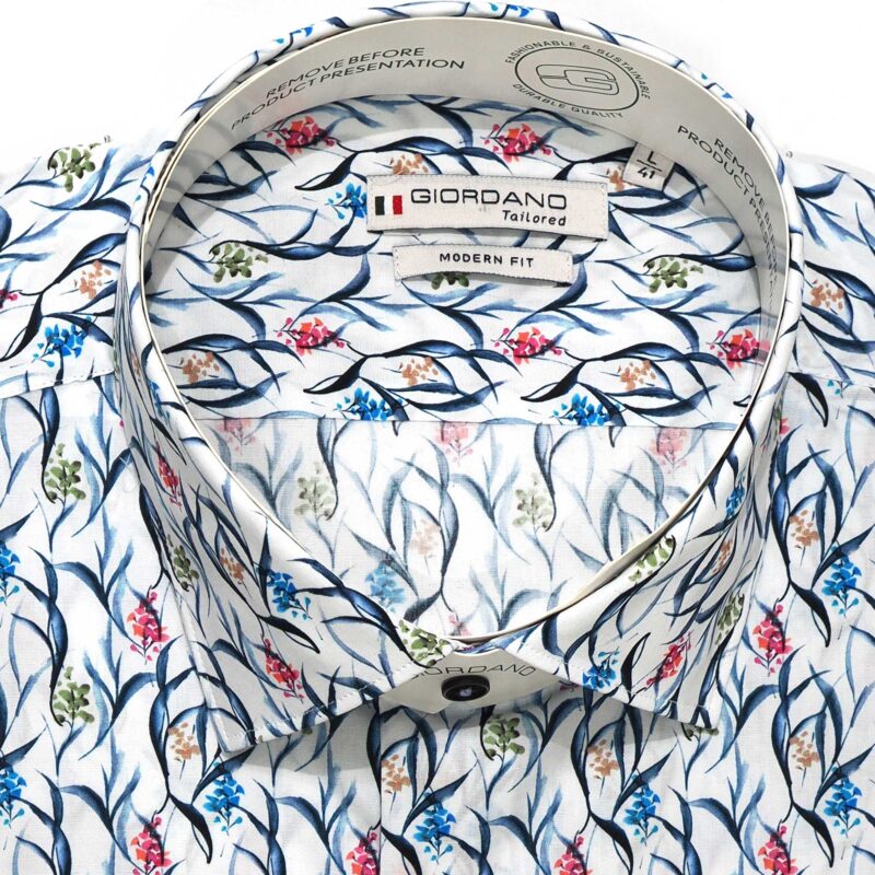 Giordano shirt with tiny pink green and red flowers on blue foliage from Gabucci Bath.