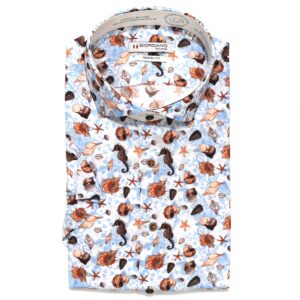 Giordano white and pale blue short sleeved shirt with brown sea horses and sea shells from Gabucci Bath.