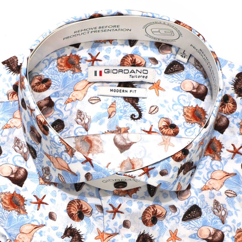 Giordano white and pale blue short sleeved shirt with brown sea horses and sea shells from Gabucci Bath.