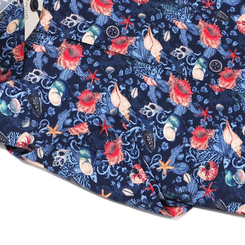 Giordano dark blue short sleeved shirt with bright red and pale blue sea shells from Gabucci Bath.