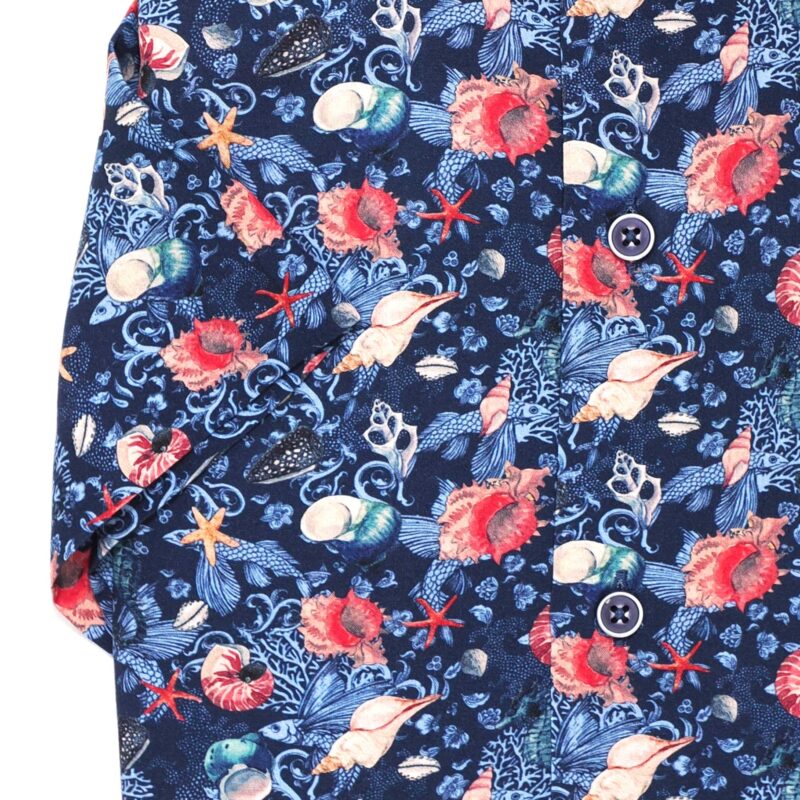 Giordano dark blue short sleeved shirt with bright red and pale blue sea shells from Gabucci Bath.