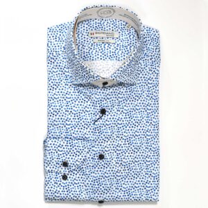 Giordano shirt with tiny blue flowers on white from Gabucci Bath.