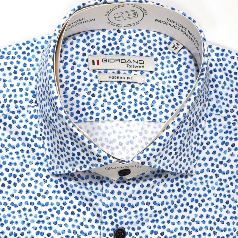 Giordano shirt with tiny blue flowers on white from Gabucci Bath.
