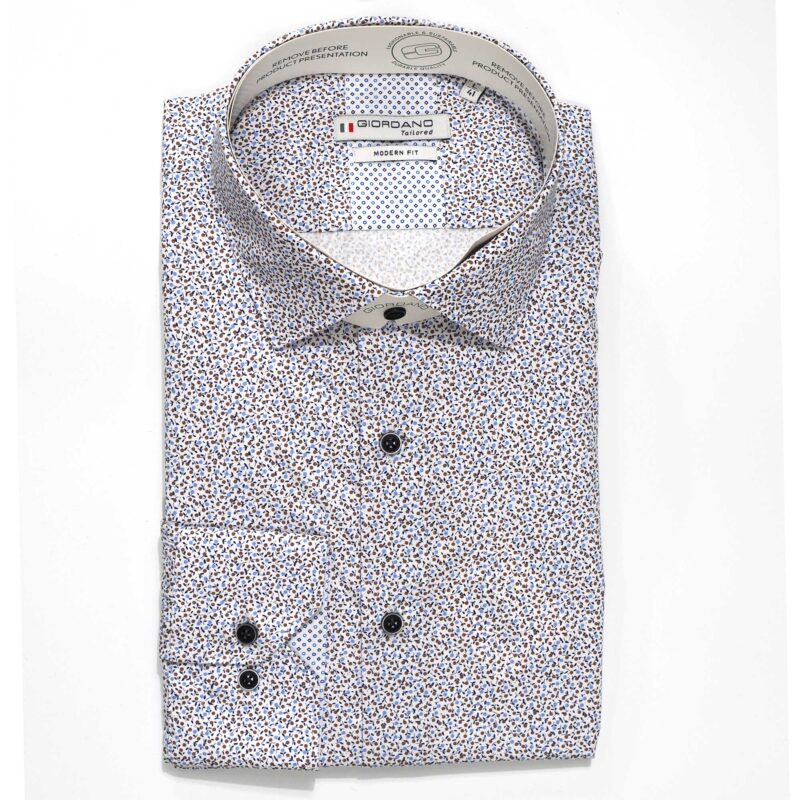 Giordano shirt with tiny blue and green plants on white from Gabucci Bath.