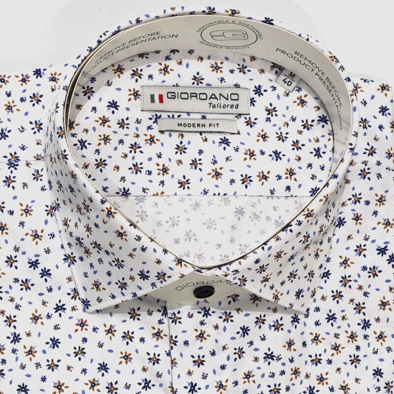 Giordano shirt with tiny navy blue and brown flowers on white from Gabucci Bath.