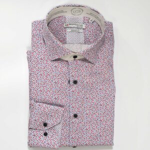 Giordano shirt with tiny navy blue and red flowers on white